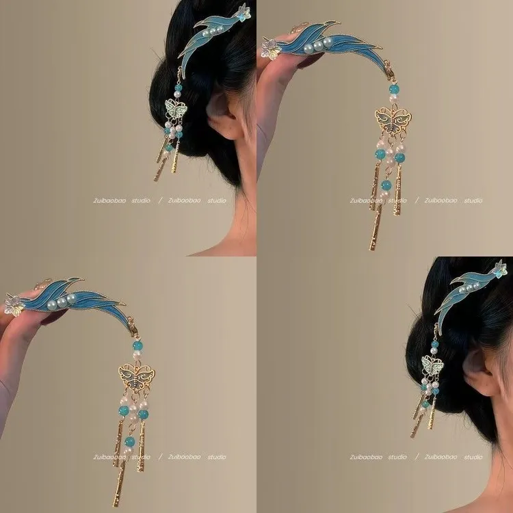 天青色~新中式蓝色蝴蝶流苏发夹女中国风设计感气质配旗袍发饰