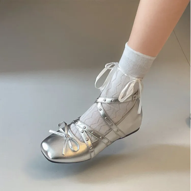小众设计感方头柳钉内增高玛丽珍鞋女2025春秋新款蝴蝶结芭蕾舞鞋