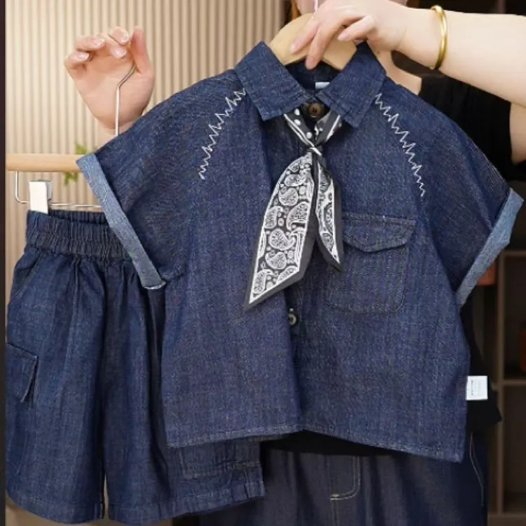 男童翻领牛仔套装儿童草绿色新款男宝宝帅气短袖童装