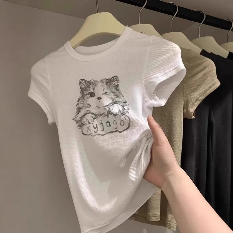 流行修身正肩上衣女生学院风夏季燕麦色显白小猫印花圆领短袖t恤