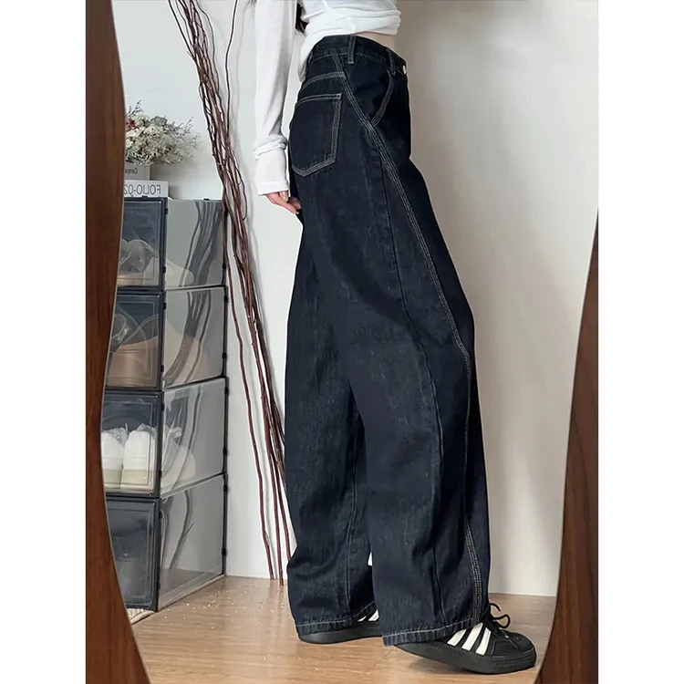 高腰阔腿弯刀牛仔裤女2025秋冬加绒小众设计感梨形宽松显瘦裤子