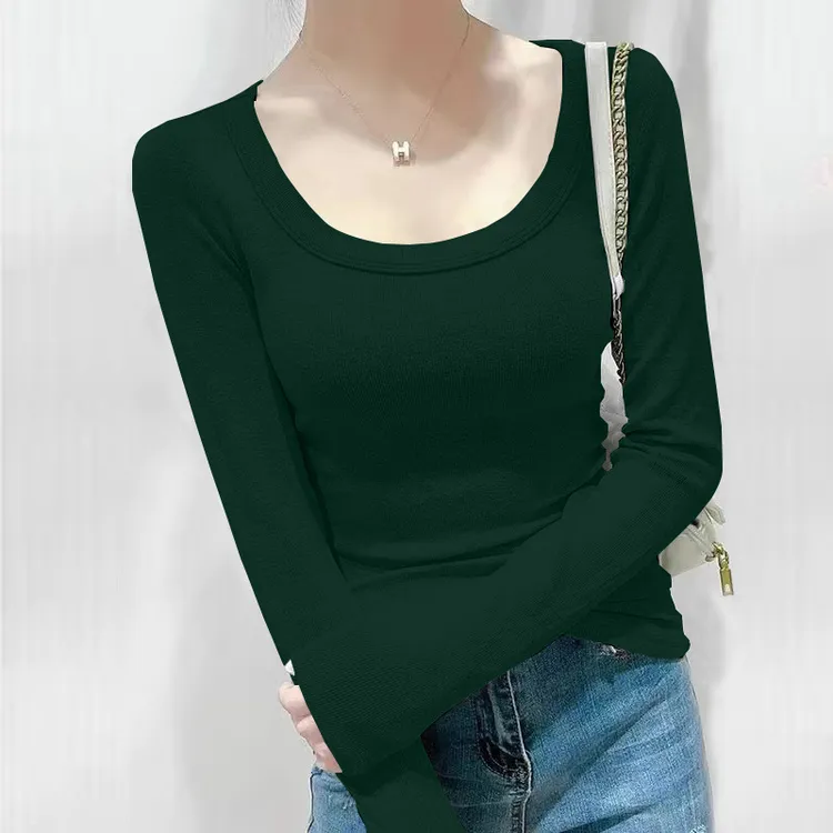 修身长袖紧身时尚女士百搭T恤女秋冬装方领常规款韩版显瘦打底衫