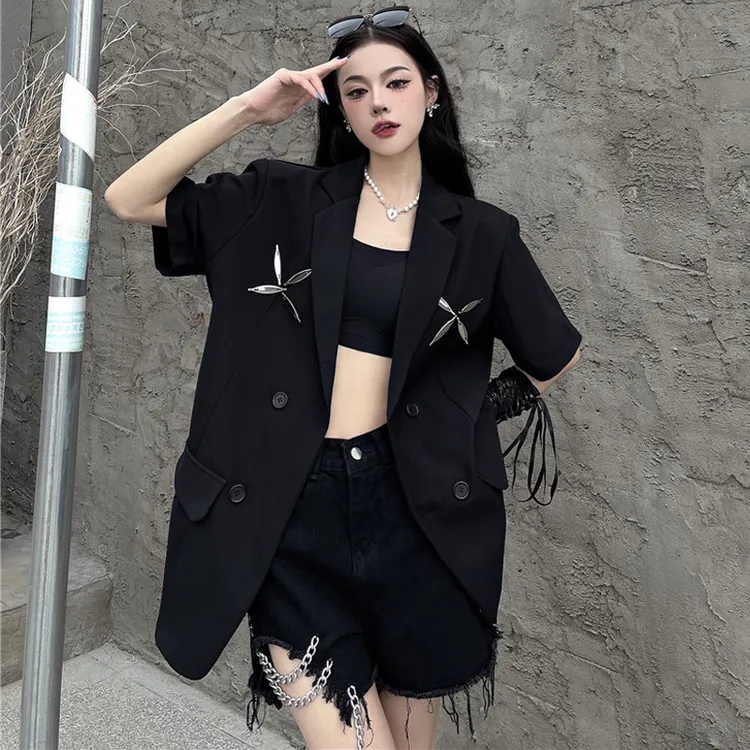 酷飒黑色女西装外套高级感炸街气质休闲宽松短袖西服上衣夏季薄款