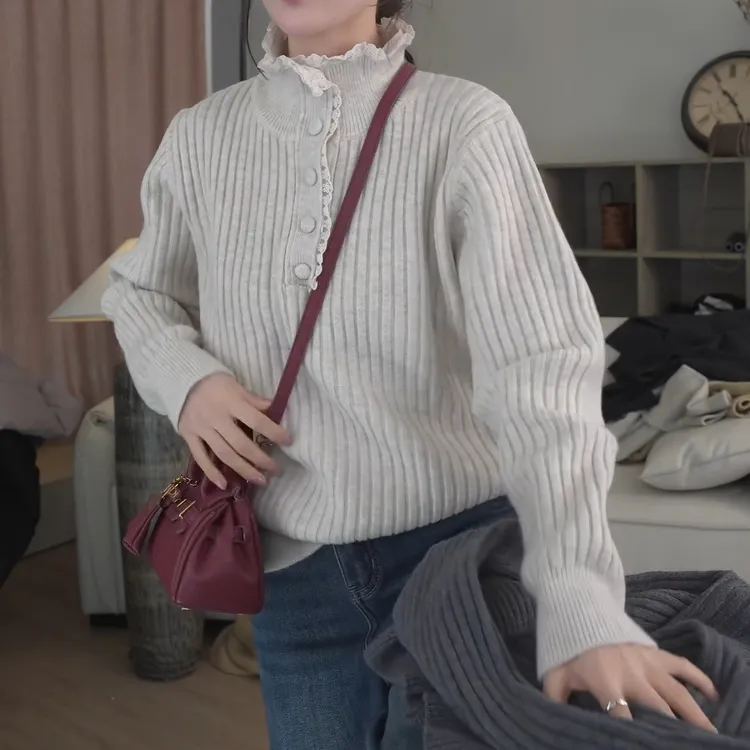 2025冬季韩版气质时尚百搭新竖条刺绣花边针织LK2500942