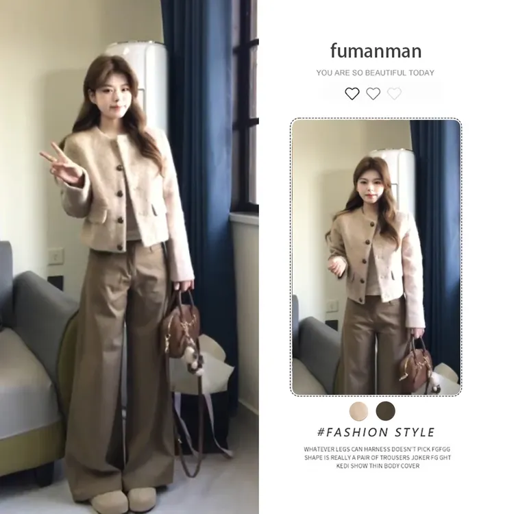 超火秋季穿搭整套2025新款韩系短款慵懒外套搭百搭高腰裤子两件套