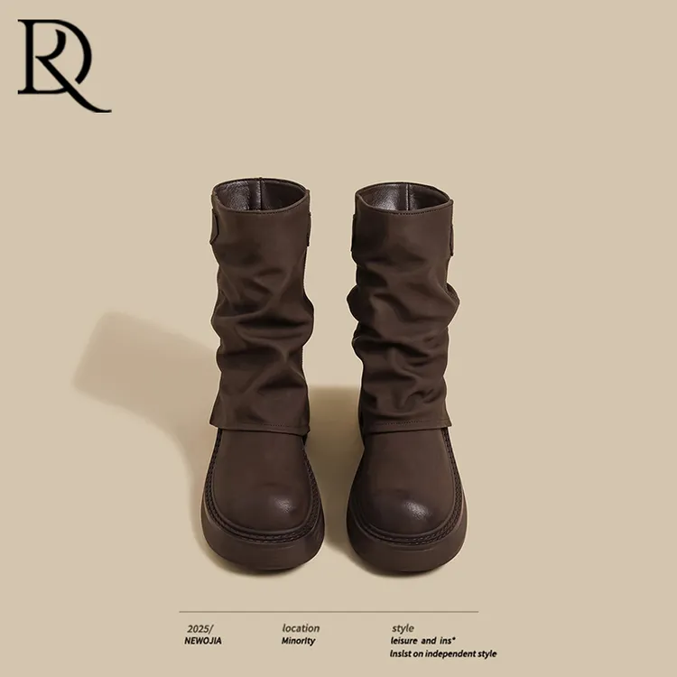 2025秋冬季新款厚底骑士短靴女棕色堆堆褶皱裤管靴增高英伦马丁靴