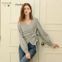 三彩ibudu2025冬季新款格纹小衫V领绑带长袖衬衣设计感女