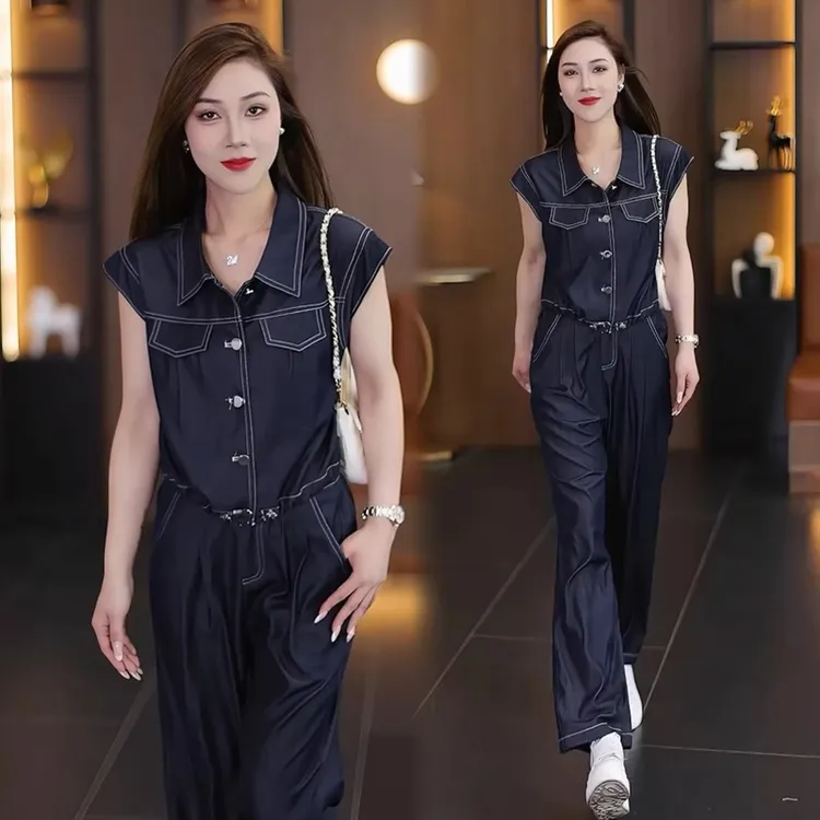 时尚套装女2025夏新款洋气显瘦短袖收腰衬衫阔腿裤天丝牛仔两件套