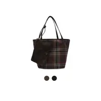 Oneup羊毛格子双面背托特包简约肩包黑色女士休闲时尚棕色纯色