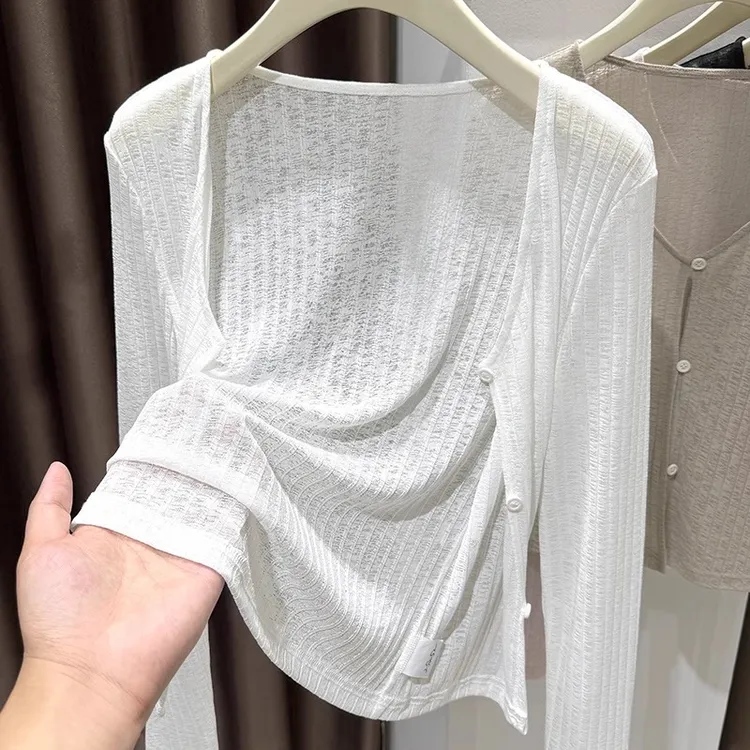 冰丝花纱针织防晒开衫女夏吊带裙外搭披肩薄纱镂空白色空调房罩衫