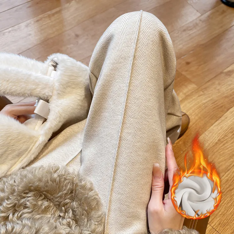 羊毛阔腿裤女秋冬季2025新款休闲窄版加绒加厚人字纹家居毛呢裤子