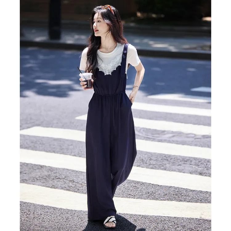 尚静可爱风俏皮减龄套装裤女2025夏季新款蕾丝拼接背带裤+纯白T恤