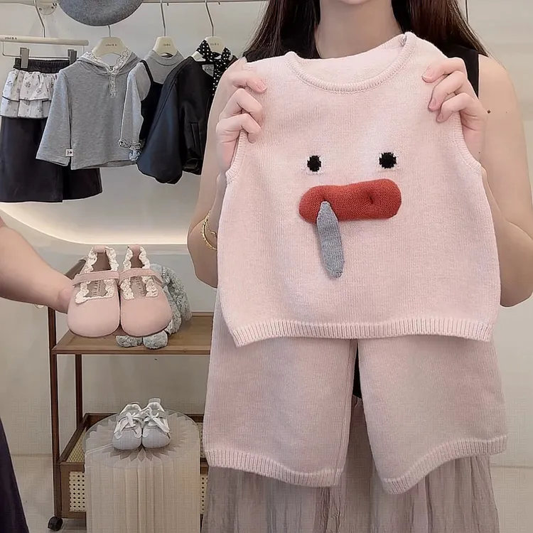 【奶芙童装】原创设计秋冬女童小清新粉色针织马甲毛线长裤韩版套装