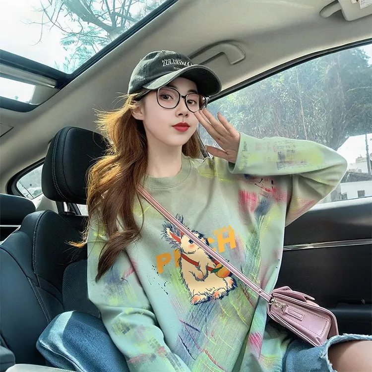 大码女装扎染设计感纯棉长袖t恤女洋气减龄ins潮牌高级感显瘦上衣