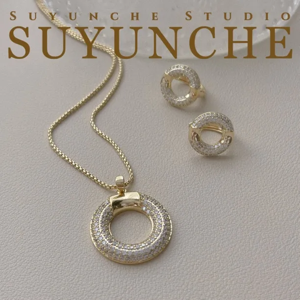 铜合金项链 Suyunche2732绿金色两件套圆圈圈项链耳环