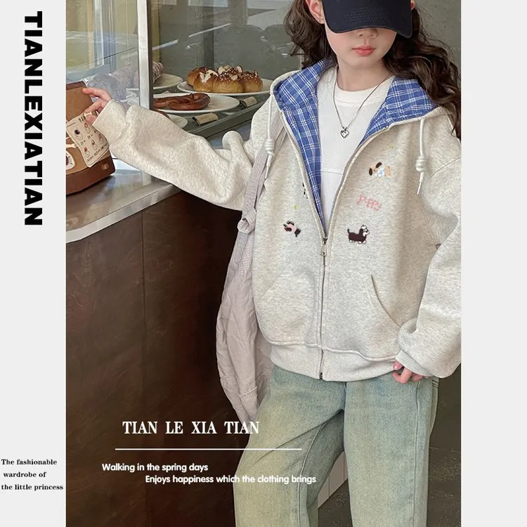 女童韩系中大童绣花格子连帽卫衣外套15岁女孩洋气学生开衫上衣