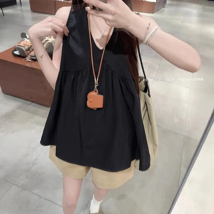 设计感V领背心上衣2025夏季新款宽松韩系黑色外穿吊带女娃娃衫ins