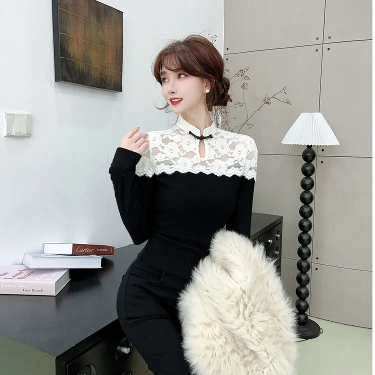 温柔风甜美旗袍中式蕾丝拼接女春秋季新款洋气减龄百搭打底衫上衣