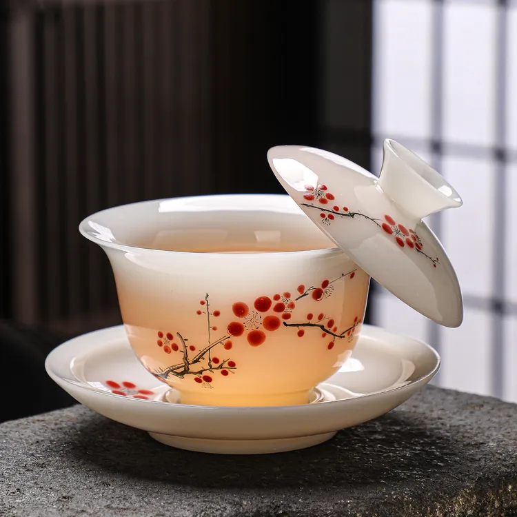 冰种璞玉瓷悬停手绘三才盖碗功夫茶具家用办公泡茶碗高端礼品