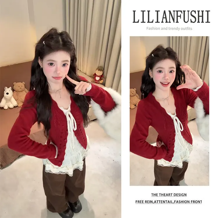 韩系氛围感穿搭2026早春新款圣诞红色穿搭跨年气质开衫裤子三件套