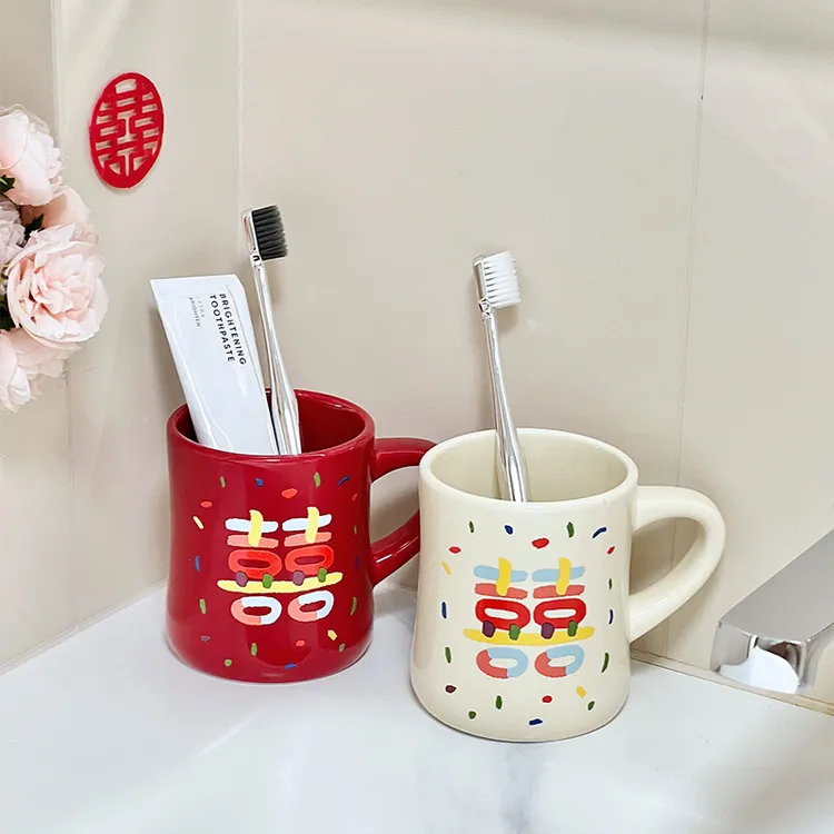 致范结婚洗漱杯陶瓷红色漱口杯新婚陪嫁用品刷牙杯结婚牙刷杯套装