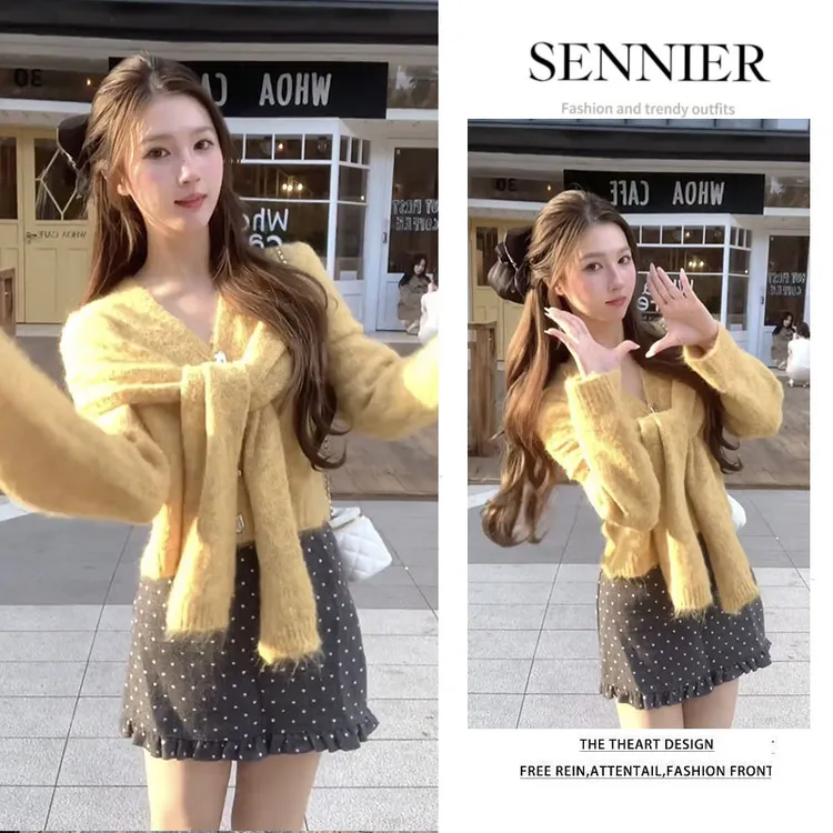 秋季温柔系穿搭女2025新款洋气百搭披肩针织衫上衣波点短裙两件套