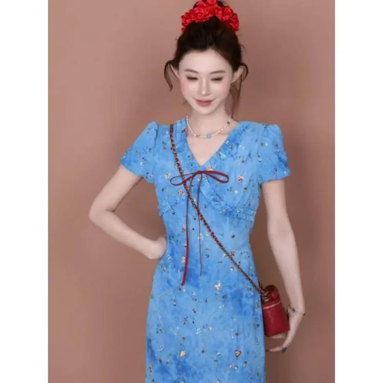 夏季法式气质蓝色碎花中长款显瘦大码连衣裙6385