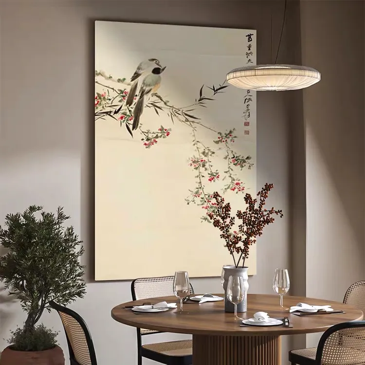 宋氏美学新中式挂画客厅茶室民宿背景墙中古装饰画玄关花鸟砂岩画