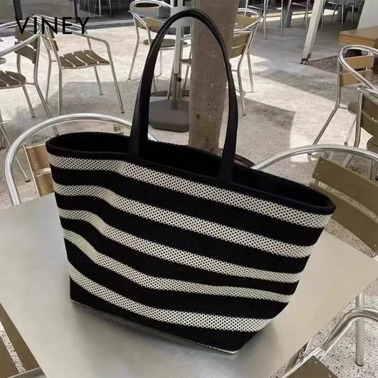 高级黑白条纹编织包女新款单肩女包懒惰托特轻便度假大容量购物袋