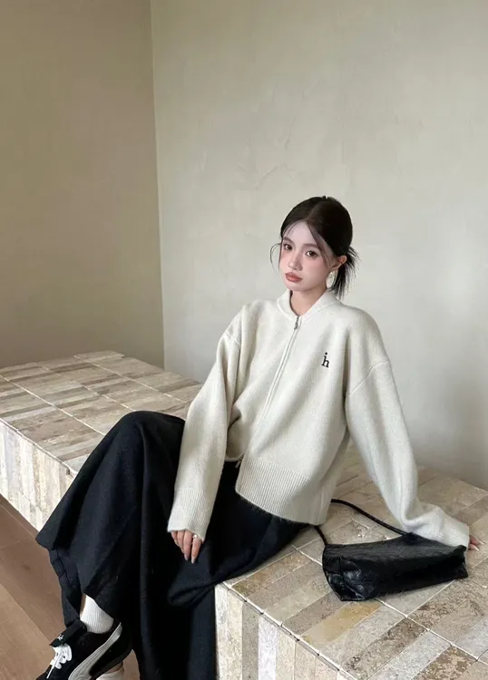 韩系双头拉链毛衣开衫女外套2025新款宽松小个子针织上衣秋装女装