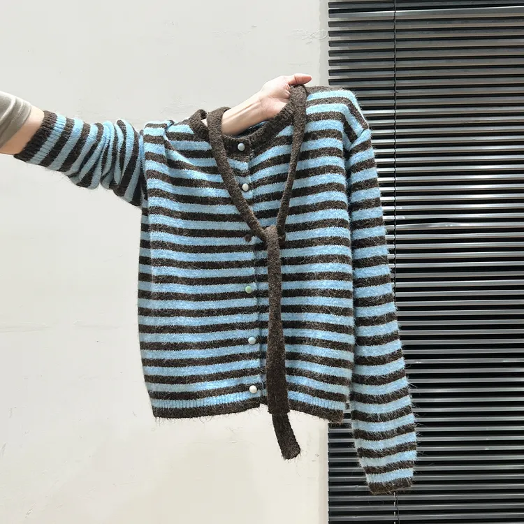 撞色条纹设计感飘带长袖针织针织衫开衫女秋冬加厚毛衣外套