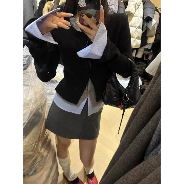 韩版2025春季新款撞色排扣假三件螺纹拼接衬衫显瘦开衫上衣