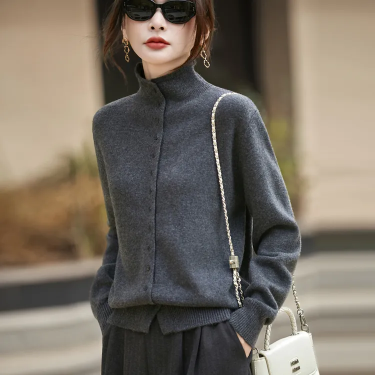 老钱风女式高翻领针织开衫毛衣外套25秋冬新款法式高端显瘦打底衫