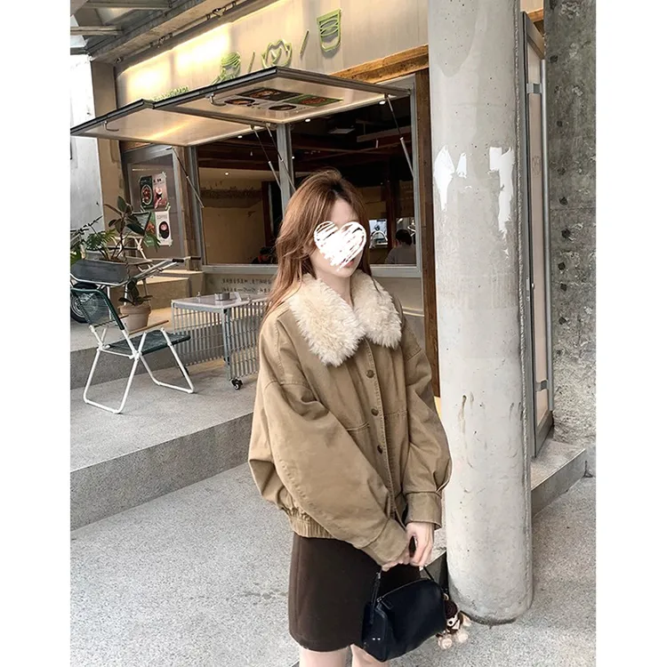 大地色保暖外套翻毛领夹克工装棉服外套上衣 61228