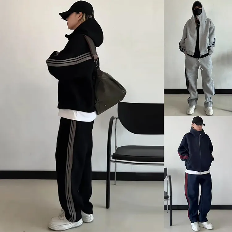 冬季男士加绒连帽外套直筒裤套装条纹拼接开衫卫衣卫裤休闲两件套