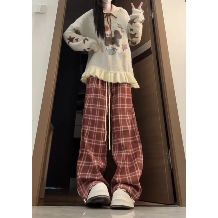 可爱小狗印花针织毛衣长袖睡衣女秋冬款格子长裤套装可外穿家居服
