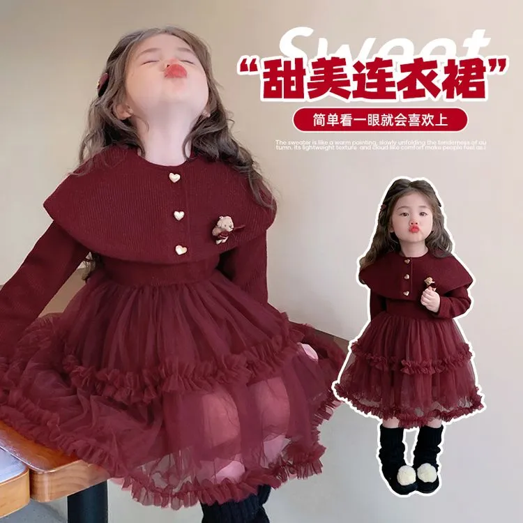 2025新款拜年女孩服装过年裙子公主裙女童过年衣服小熊加绒披肩连