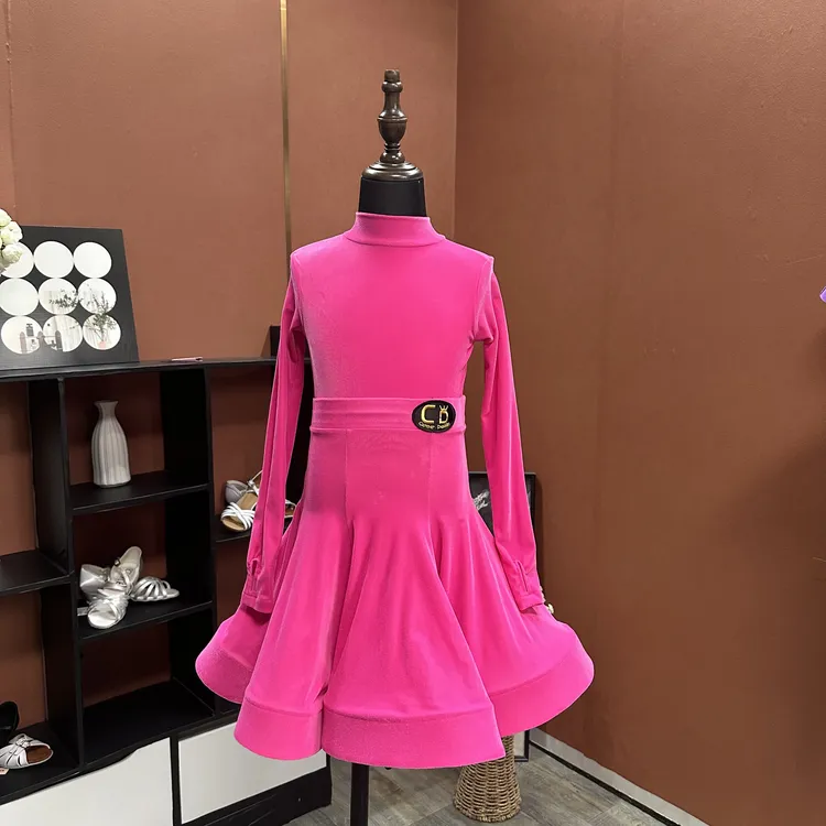 CD卡门云感绒宝石粉长袖规定服大裙摆修身透气鱼骨舞服四季比赛