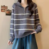 大码撞色条纹半拉链保暖毛衣女秋冬胖MM显瘦宽松遮肉针织打底上衣