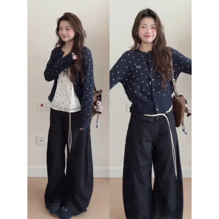 秋冬碎花吊带背心波点提花外搭毛针织开衫长袖上衣直筒宽松阔腿裤