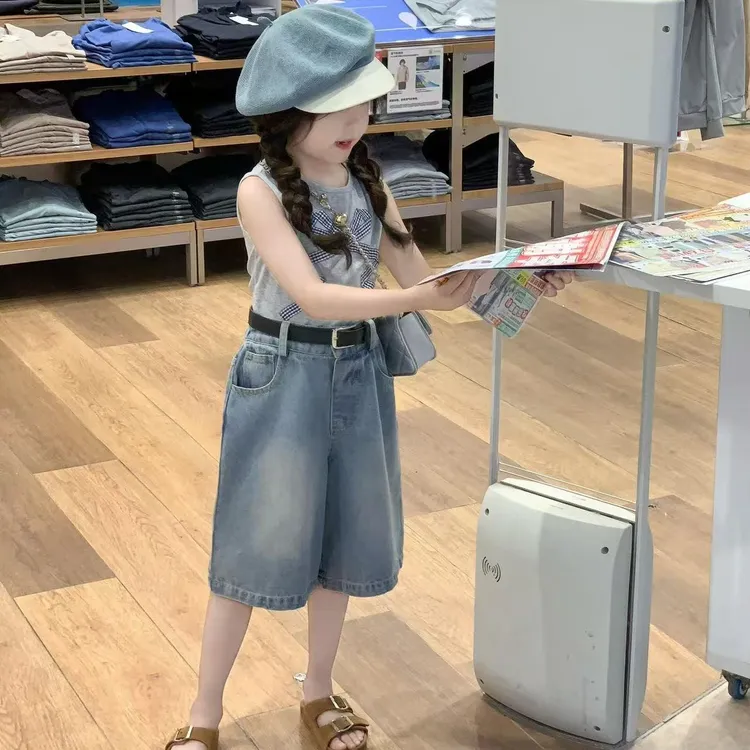 壹妈童装韩版女童时髦洋气套装2025夏装新款儿童背心牛仔短裤