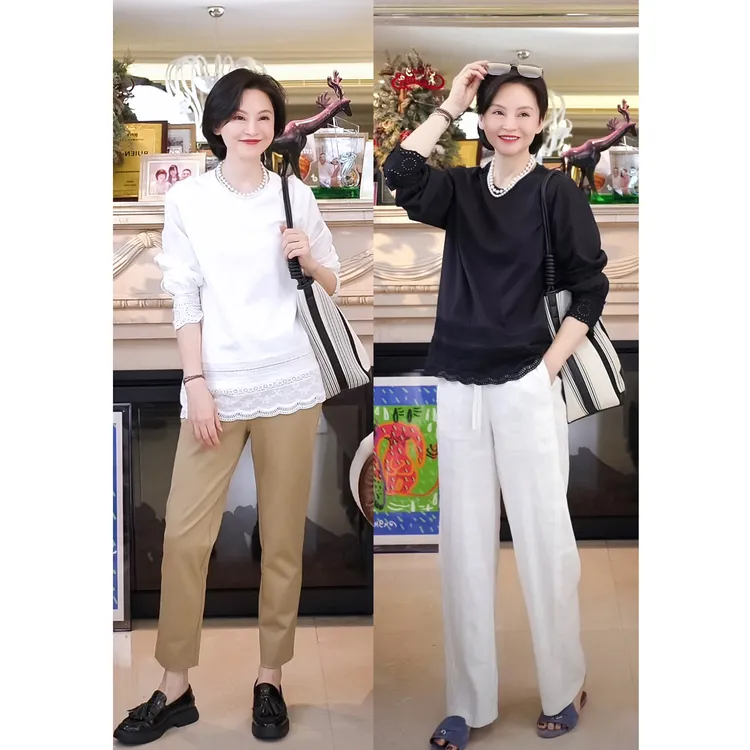 我是摩羯 威尼斯商人 100棉镂空花边圆领罗纹秋长袖上衣