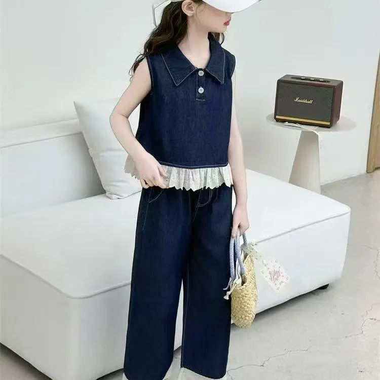 女童夏季2025新款时尚儿童洋气花边背心牛仔裤两件套百搭阔腿