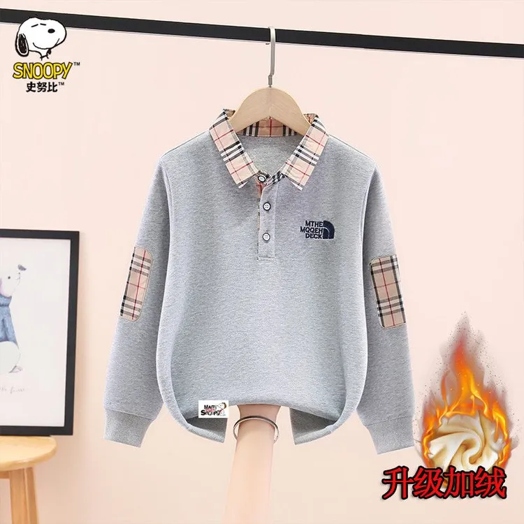 史努比男童加绒卫衣秋冬新款洋气中大童男孩翻领上衣保暖打底衫潮