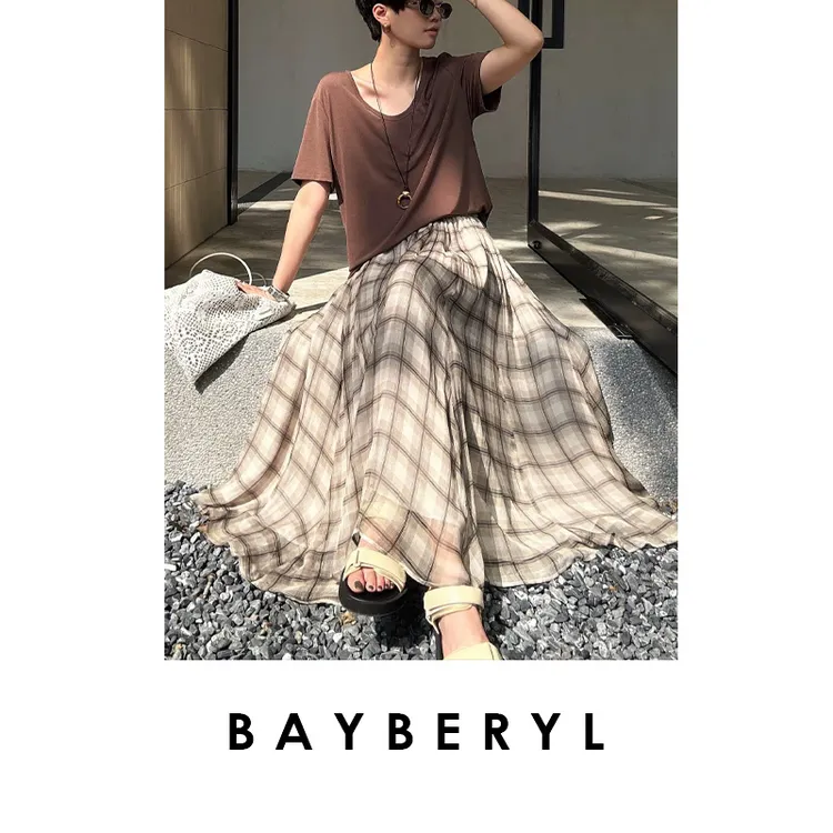 BAYBERYL老贝漫游格裙*飘逸轻盈慵懒格子大摆半身裙YQ5C2721-4/26