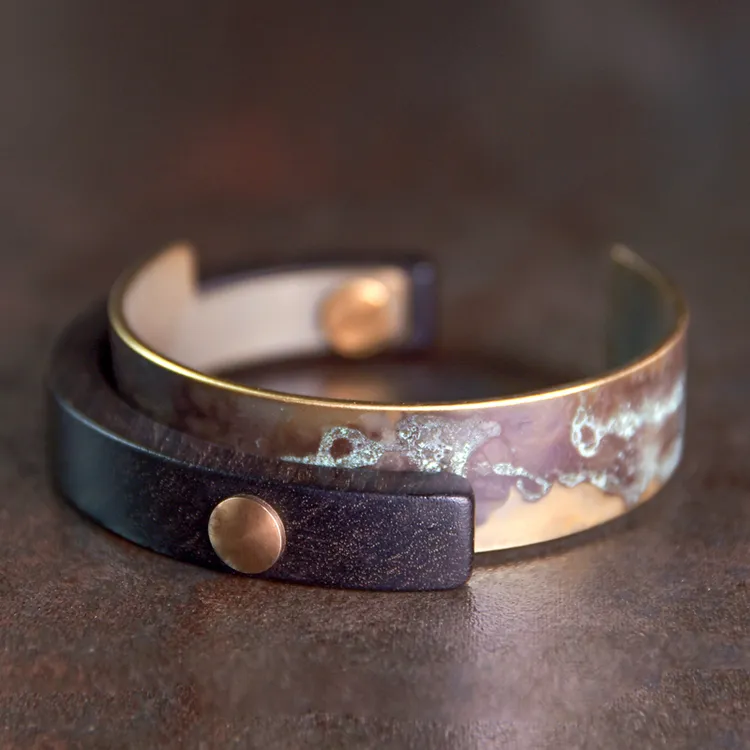 黄铜木质手镯 原创开口铜手镯男 复古手工设计手环女百搭情侣手饰