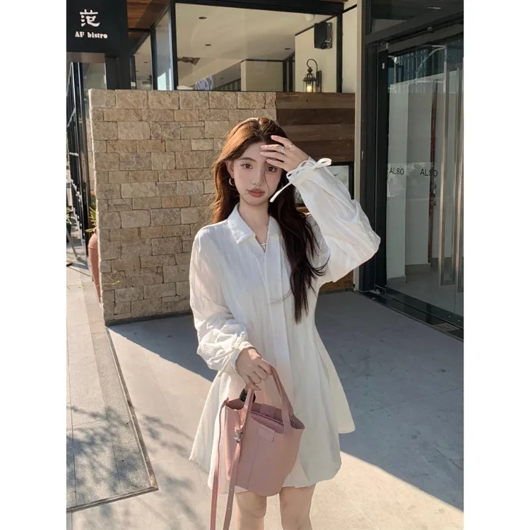 法式白色长袖衬衫连衣裙女2024新款秋季高级感小个子收腰a字短裙