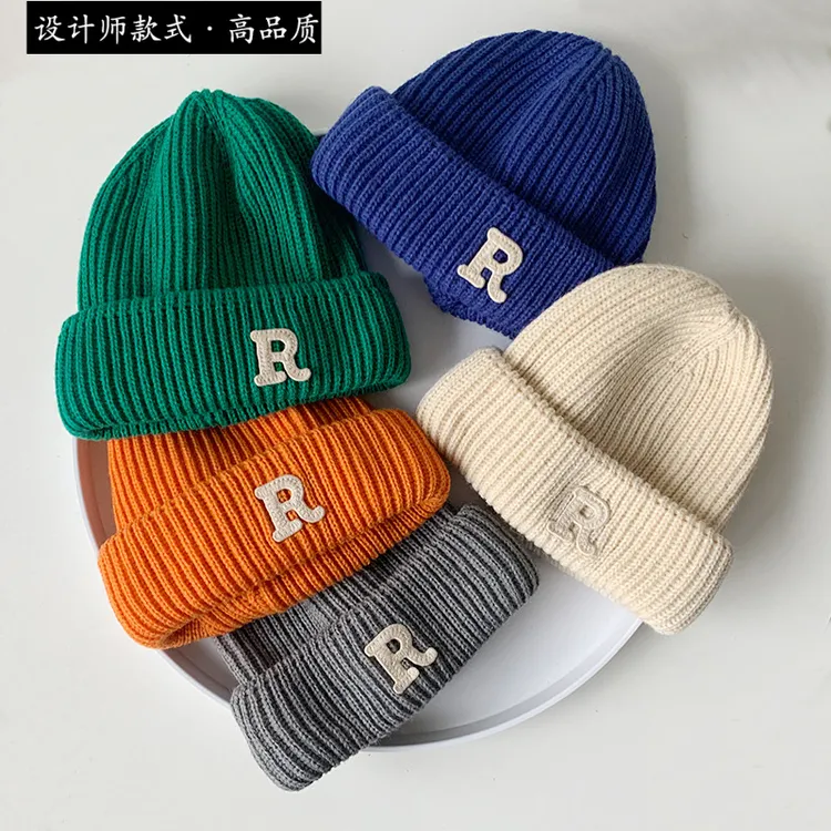 秋冬韩版儿童毛线帽子男女童时尚字母瓜皮帽中大童糖果色针织帽潮