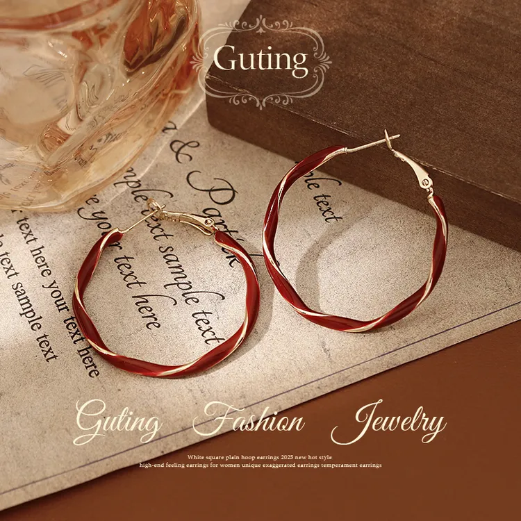 铜合金耳饰 14354红色纽纹大圈圈耳环耳圈耳钉女轻奢高级感耳饰品