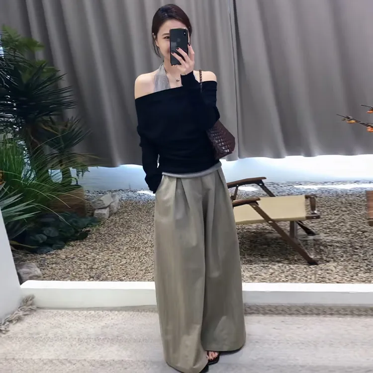 港风复古时髦套装女2025春秋新款假两件挂脖长袖t恤阔腿裤两件套